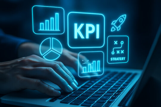 Key performance indicator icons with bar graphs and pie charts illuminated blue