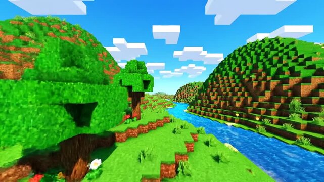 Voxel Art River Landscape Flowing Through Lush Green Blocky Terrain