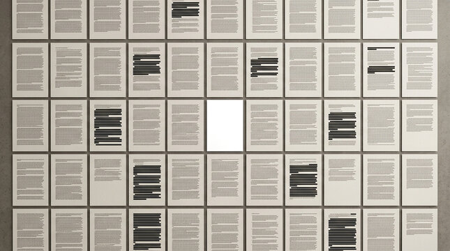 Redacted documents on a wall. Censored files with one blank page representing transparency.