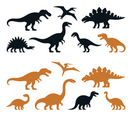 Obraz premium Dinosaur silhouette icon set, colorful kids clipart with rainbow designs on transparent background, cute vector illustration