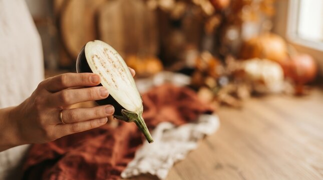 Woman holding halved fresh eggplant in rustic autumn kitchen for healthy cooking and seasonal vegetable preparation