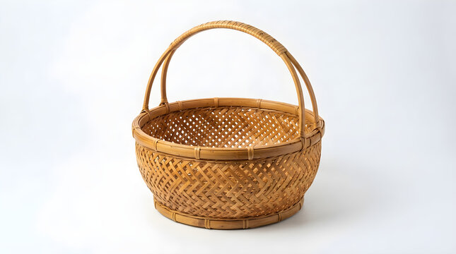 Empty Wicker Picnic Basket with Handle Handmade Woven Brown Straw Container Isolated on White Background for Shopping Storage and Rustic Decoration