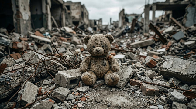Teddy bear in war ruins. Abandoned toy in a destroyed city after conflict.