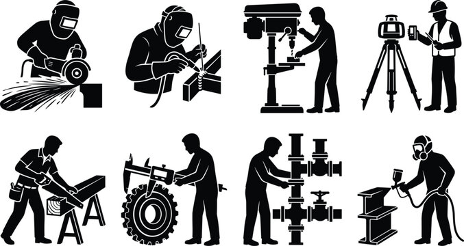 Industrial worker silhouettes set featuring welding grinding carpentry plumbing machining and engineering icons for construction and manufacturing industries
