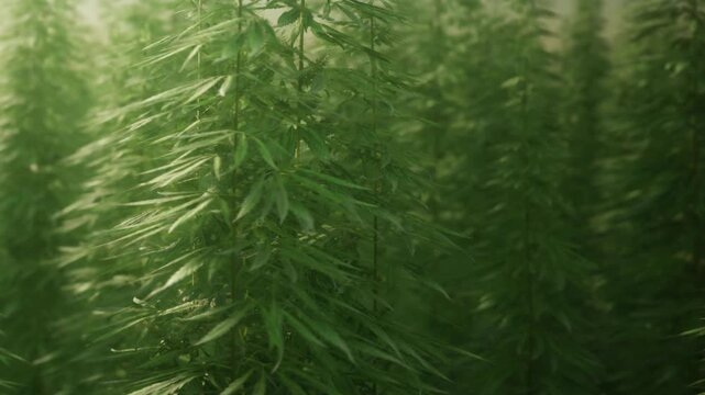 Cannabis plants grow in rows inside a greenhouse. The setting shows many green leaves reaching upward. Light filters through the structure, creating a bright environment for growth.