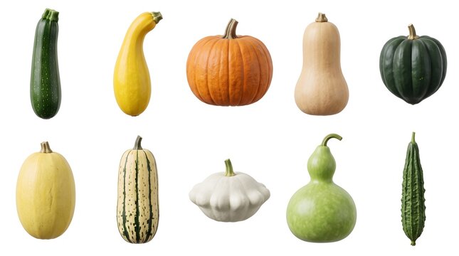 Fresh autumn squash collection, set of 10 organic pumpkins and gourds, assorted winter squash varieties isolated on white background