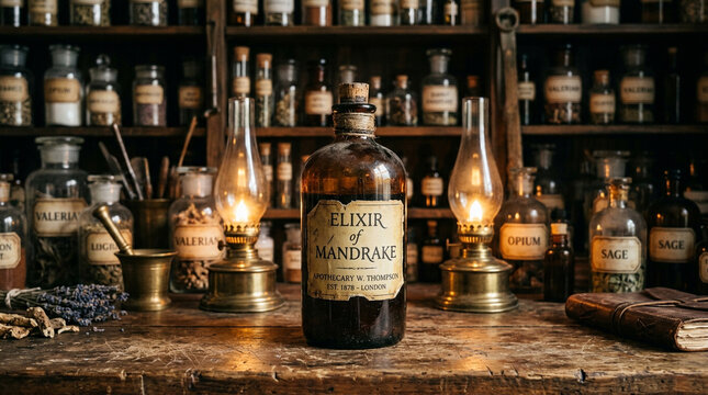 Vintage apothecary bottle on wooden table. Old pharmacy shelf with antique glass jars.