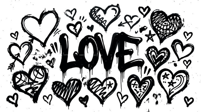 Urban graffiti love vector illustration featuring dripping bubble text font surrounded by hand drawn textured grunge heart shapes