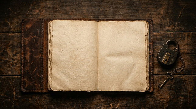 Antique journal with padlock on wood. Vintage diary with blank pages and metal key.