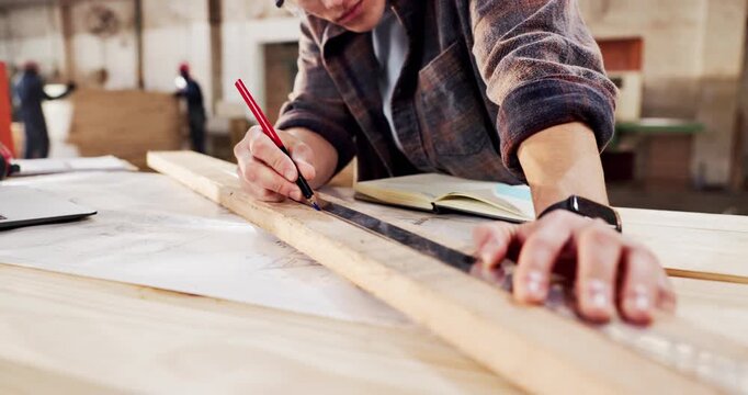 Carpentry, hands and measure with man in workshop for production or manufacturing process. Pencil, precision and ruler with professional person in woodworking plant for furniture business or industry