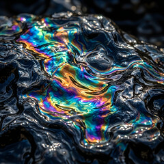 Obraz premium Vibrant oil slick on water with rainbow iridescence. Colorful fuel spill reflection creating abstract metallic surface patterns.