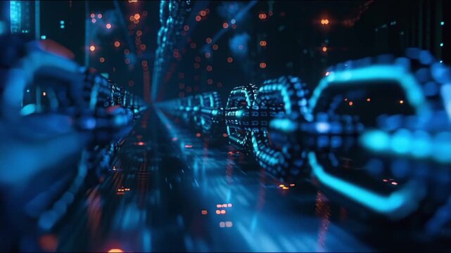 Cinematic flight through a futuristic blockchain showing the creation or mining of a new block with energy sparks. Represents data processing, cryptocurrency, and fintech innovation.