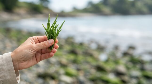 Hand holding fresh sea asparagus foraged on a rocky beach for sustainable coastal cuisine and gourmet cooking