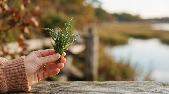Hand Holding Fresh Salicornia Sprig by Coastal Marsh for Foraging and Sustainable Culinary Concept Photography