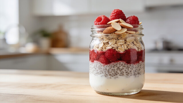 Clear glass jar filled with layered overnight oats chia pudding raspberry compote topped with almonds