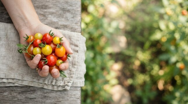 Hand holding fresh colorful cherry tomatoes harvested from organic garden for healthy cooking and farm to table lifestyle