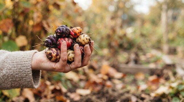 Hand Holding Freshly Harvested Colorful Oca Tubers in Autumn Garden for Sustainable Organic Farming Concept