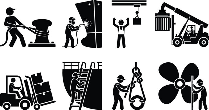 Shipyard and maritime logistics worker silhouettes set featuring shipbuilding welding container handling forklift cargo operation icons for port industries