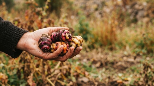 Hand Holding Freshly Harvested Andean Oca Tubers in Field for Sustainable Organic Farming Concept