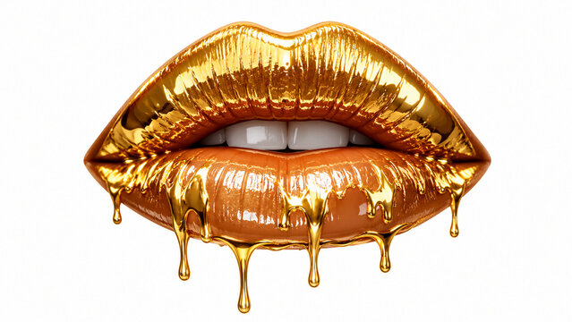 Close-up beauty concept featuring glossy lips covered in reflective metallic golden liquid with dramatic dripping details on a clean white background.