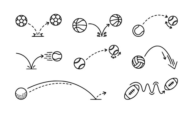 Sports ball motion line icon collection with doodle bounce trajectories vector set