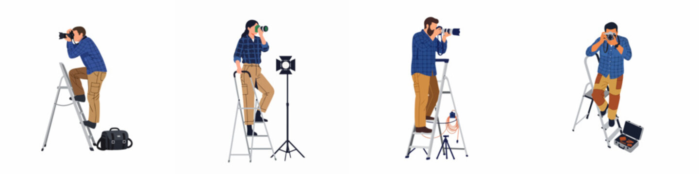 Set of professional photographers using ladders and cameras, collection of male and female creative characters isolated on a white background.