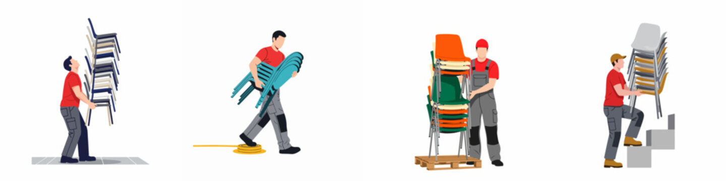 Set of flat vector illustrations depicting workers carrying and stacking chairs for event setup, logistics, and moving services on a white background.