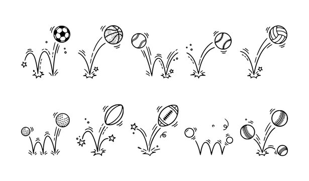 Doodle sport ball trajectory bounce collection with hand drawn motion line vector illustration