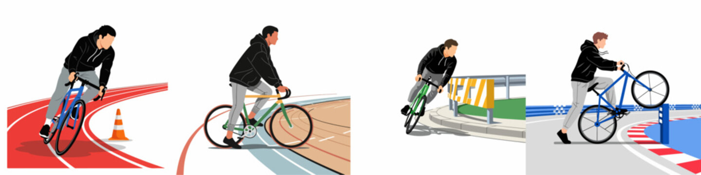 Set of minimalist vector illustrations featuring a young man riding and performing tricks on fixed-gear bicycles on various racing tracks.
