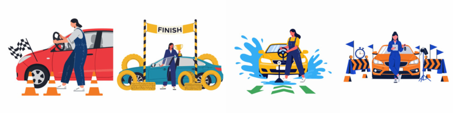 Set of flat vector illustrations depicting female drivers and mechanics involved in car racing, driver training, and automotive testing activities.