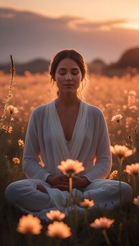 Woman meditating flower field peaceful sunset yoga harmony hd images