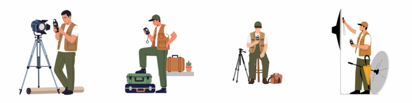 Vector illustration set of a professional male photographer or cinematographer using various gear including lights, tripods, and light meters for studio or field work.