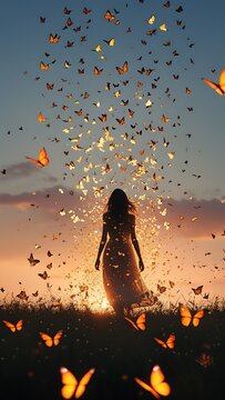 Woman standing magical butterflies golden sunset silhouette photos