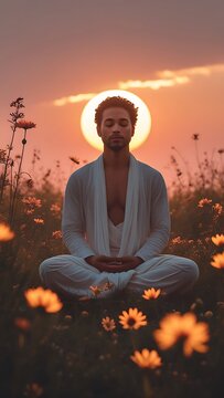 Young male meditating sunrise flower field spiritual wellness mindfulness hd images