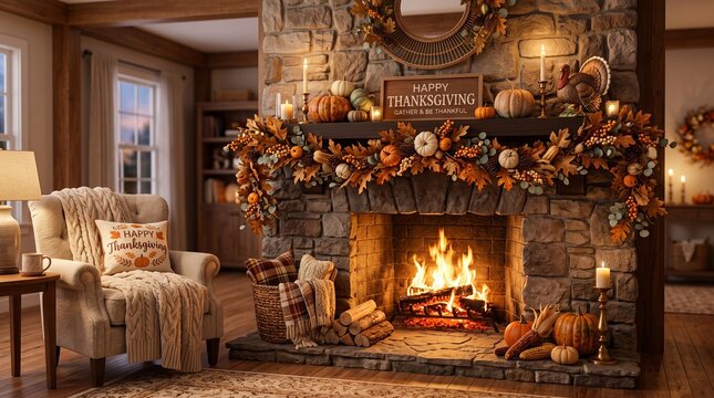 Cozy fireplace decorated for Thanksgiving with burning fire, pumpkins and autumn garland in rustic living room