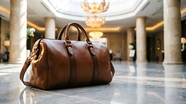 Premium brown leather duffle travel bag placed on a polished marble floor inside a luxurious hotel lobby with soft lighting.