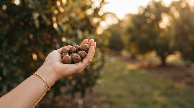 Hand holding fresh macadamia nuts in an orchard at sunset for sustainable farming and healthy organic food concept