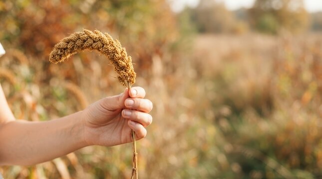 Hand holding foxtail millet stalk in autumn field representing harvest season and organic agriculture concept