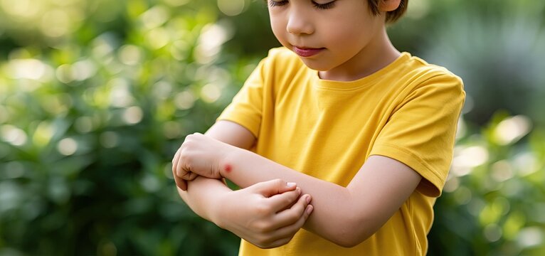 In a sunlit garden, a young child itching a red mosquito bite on their arm during summer.