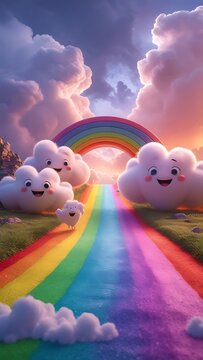 Colorful rainbow arch fluffy cartoon clouds whimsical weather illustration hd images