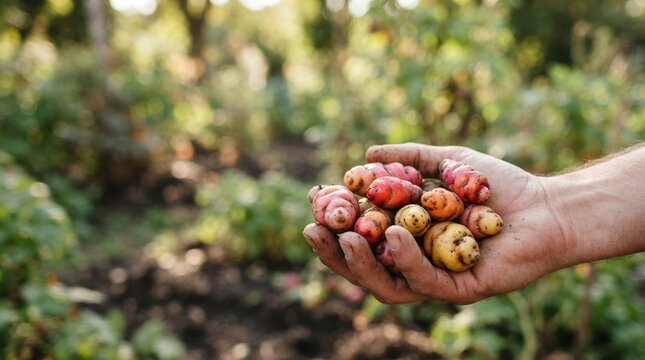Hand Holding Freshly Harvested Colorful Oca Tubers in Garden Setting for Sustainable Organic Farming Concept