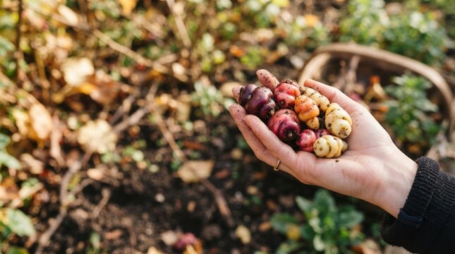 Hand Holding Freshly Harvested Colorful Oca Tubers in Garden for Sustainable Organic Farming and Healthy Food Concept