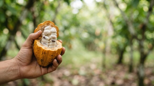 Hand Holding Fresh Ripe Cacao Pod with Cocoa Beans in Tropical Plantation for Sustainable Chocolate Production