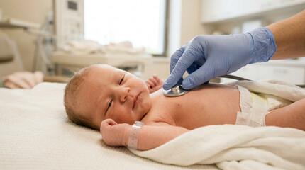 Fototapeta premium Newborn baby checked by doctor with stethoscope in hospital crib