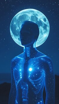 Cosmic human silhouette glowing moon spiritual energy images