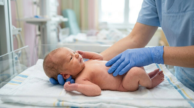 Newborn baby examined by gloved healthcare professional in hospital incubator