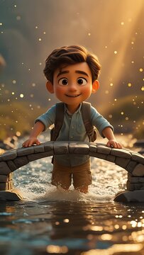 Cute boy crossing stone bridge joyful nature adventure photos
