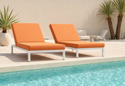 Luxury swimming pool with crystal-clear blue water and orange lounge chairs in a modern minimalist backyard, showcasing relaxation, resort lifestyle, sunshine, tranquility, elegance, escape.