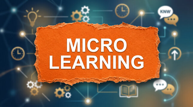 Micro learning concept with torn orange paper on abstract network background featuring knowledge and skill icons