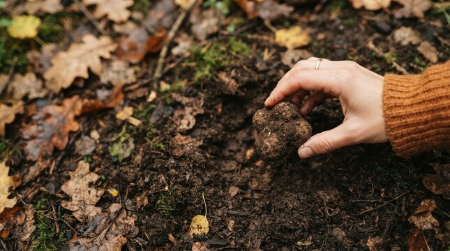 Hand holding a fresh black truffle harvested from forest soil, gourmet mushroom foraging and luxury culinary ingredient sourcing